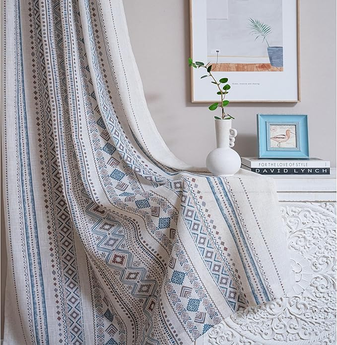 MYSKY HOME Curtains 84 inches Long for Living Room Boho Linen Sheer Drapes Geometric Farmhouse Decor Light Filtering Privacy Protect Soft Touch Treatment Back Tab for Home, 50" Wide, Khaki, 2 Panels