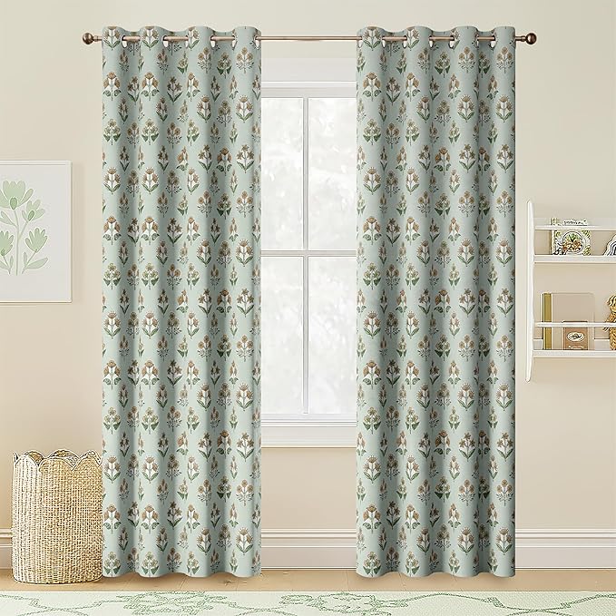 RYB HOME 100% Blackout Curtains 84 Inches Long for Bedroom Living Room, Green Floral Farmhouse Room Darkening Soundproof Patterned Window Treatment Drapes for Dining Room, W52 x L84, 2 Panels