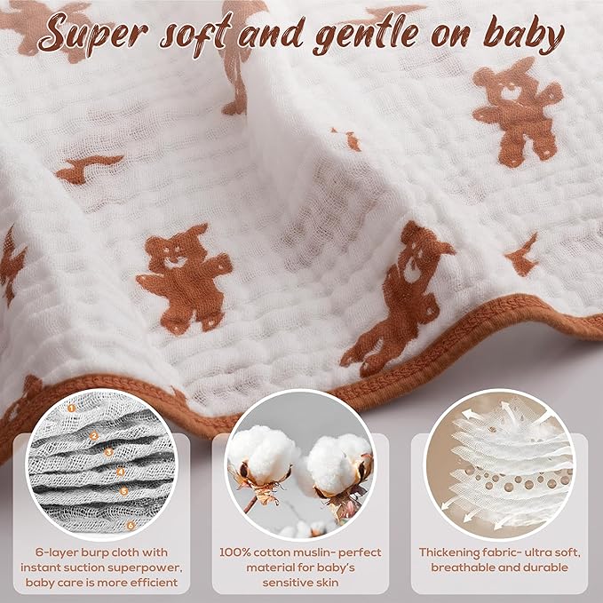 LILY O LAUREL Muslin Burp Cloths, 20"x10"- Pack of 8, 6 Layers Super Soft Absorbent & Breathable 100% Cotton for Baby Drool and Messes, Burp Cloth Baby Boy and Burp Cloths Baby Girl