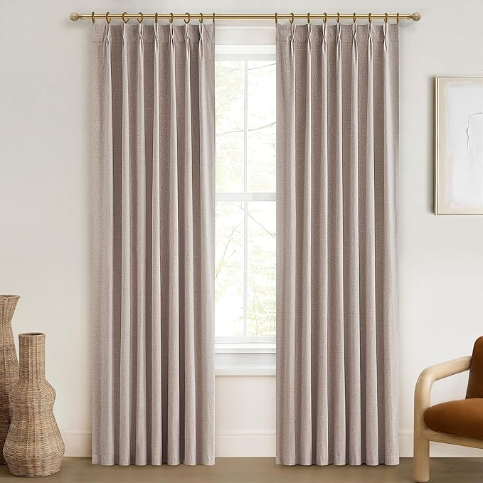 Room Darkening Curtains for Living Room Boho Drop Cloth Curtains Farmhouse Linen Window Drapes 102 Inches Long Weather Blocking Lightweight Blackout Taupe Tan Two Pack Pinch Pleated/Back Tab 2 Panels