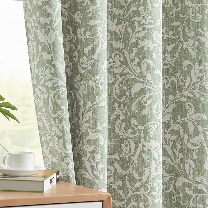 jinchan 80% Blackout Curtains for Living Room, Farmhouse Drapes with Scroll Floral Patterned for Bedroom, Grommet Top Thermal Insulated Curtains, Vintage Country Drapes 90 inch Length 2 Panels Green