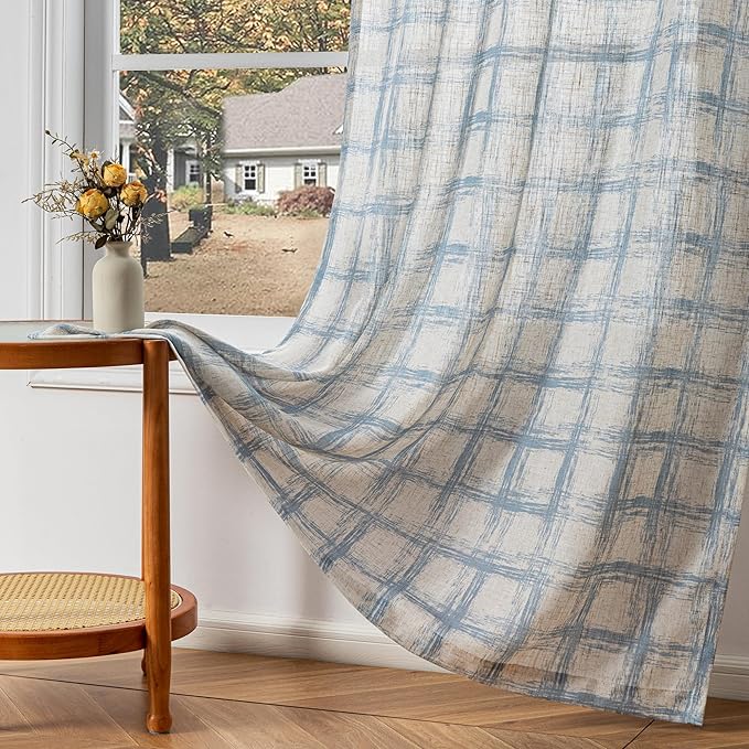 MYSKY HOME Linen Curtains 84 Inches Long, Window Treatment Sets for Living Room Bedroom Linen Blend Drapes, Soft Touch Plaid Room Divider Curtains for Doorways Sliding Glass Door, Blue, 2 PCs