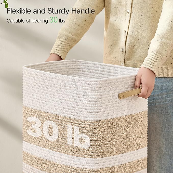 87L Laundry Hamper,Laundry Basket with Leather Handles,Woven Storage Basket for Toys,Pillows,Blankets,Clothes,Brown&White