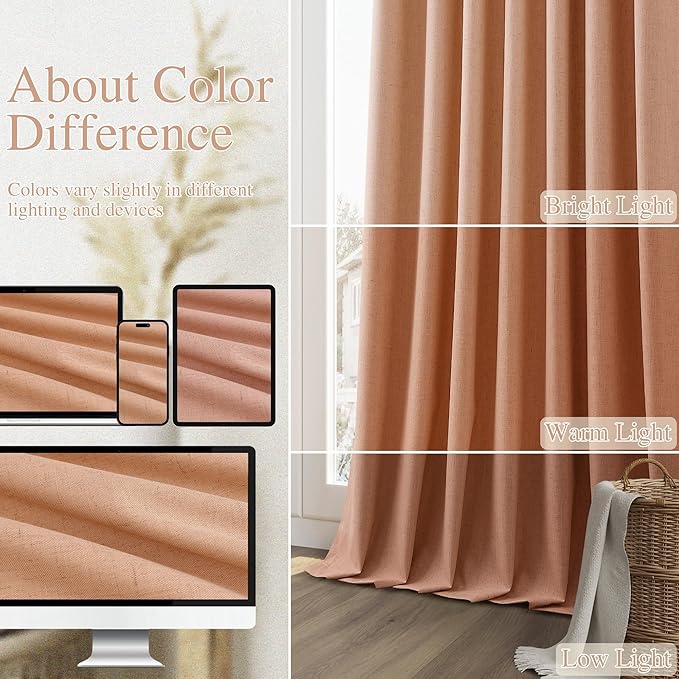 Guken 100% Blackout Curtains 102 Inch Length 2 Panels Set for Living Room Bedroom Back Tab Thermal Insulated Black Out Linen Drapes Room Darkening Peach Quartz,52x102