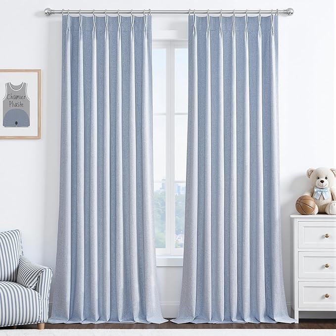 DustyBlue 102 Inches Long Blackout Curtains for Kids Bedroom 2 Panels Set, Pinch Pleated Living Room Curtain Linen Thermal Coastal Drapes Floor to Ceiling Track Light Blue Decor (40"Wx102"L)