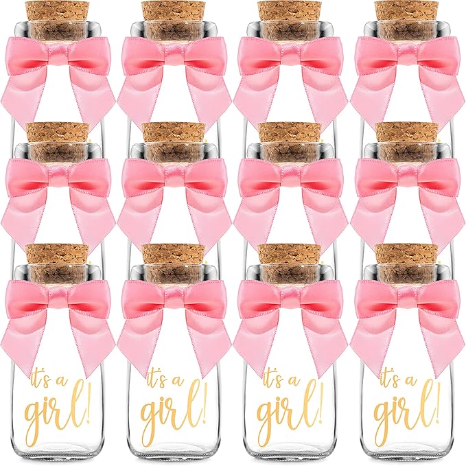 Ethisa Vintage 12 Pack It's a Girl Milk Glass Bottles with Ribbons and Stickers - Classy Baby Shower Favors for Guests and Table Centerpieces - Gender Reveal Girl Decorations - Baby Shower Candy Jar