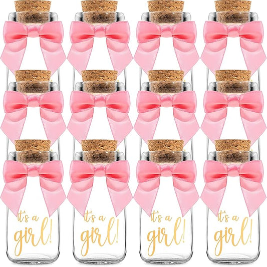 Ethisa Vintage 12 Pack It's a Girl Milk Glass Bottles with Ribbons and Stickers - Classy Baby Shower Favors for Guests and Table Centerpieces - Gender Reveal Girl Decorations - Baby Shower Candy Jar