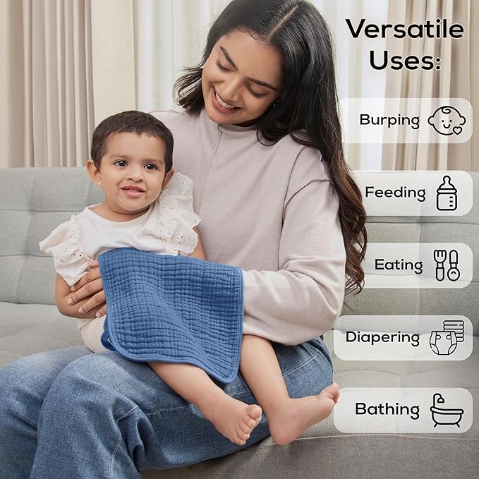 LILY O LAUREL Muslin Burp Cloths, 20"x10"- Pack of 8, 6 Layers Super Soft Absorbent & Breathable 100% Cotton for Baby Drool and Messes, Burp Cloth Baby Boy and Burp Cloths Baby Girl