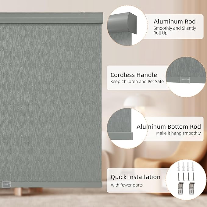 ChrisDowa Cordless Blackout Roller Shades for Windows, Striped Free-Stop Window Blinds with Privacy, Thermal Insulated Window Shades for Home, Office and Door. Grey, 35" W x 72" H