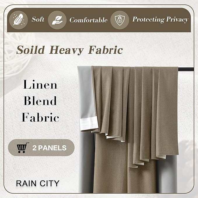 RAIN CITY 100 Inch Long Linen Blended Blackout Curtains 2 Panels Set,Custom Length Back Tab Drapes with Hooks, Grey Backing Linen Window Curtains for Living Room Bedroom,50x100 in Long,Linen