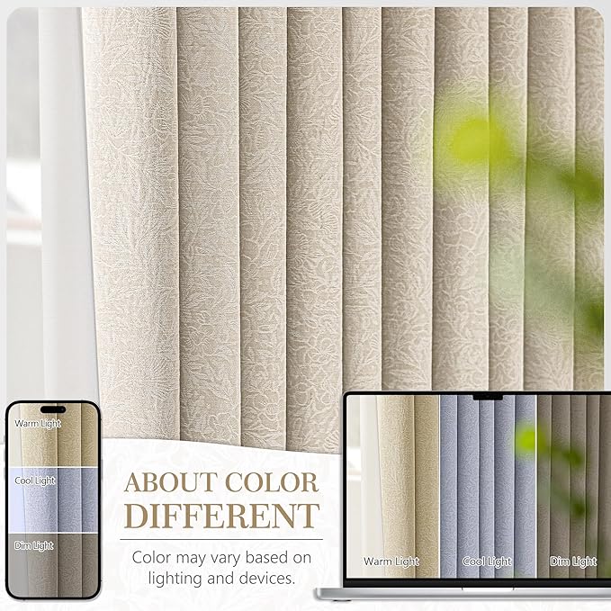 Metro Parlor Beige Floral Blackout Curtains 96 Inches Long for Bedroom, Jacquard Chenille Patterned Vintage Flower Curtains for Living Room Darkening Thermal Insulated Grommet Window Drapes, 2 Panels