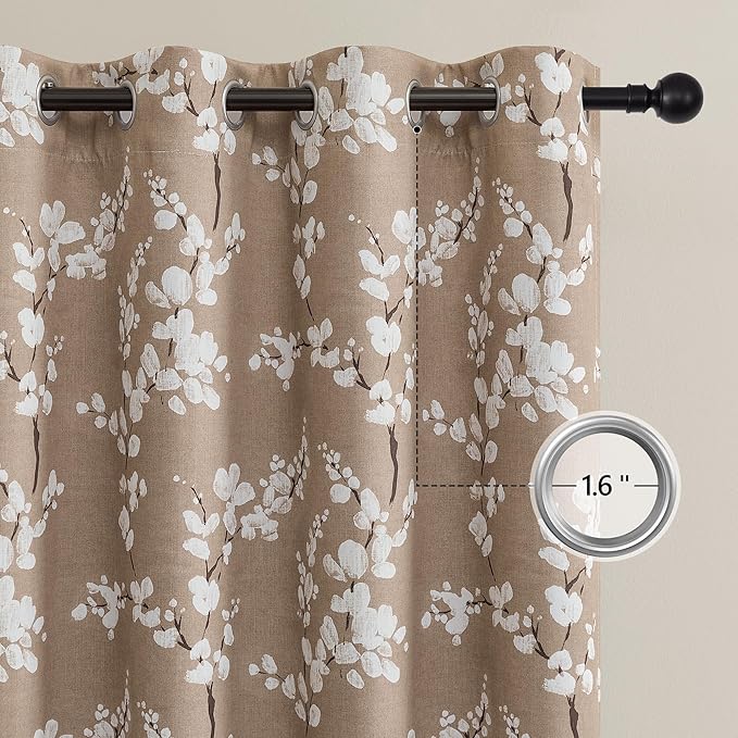 FMFUNCTEX 100% Blackout Floral Curtains for Bedroom, Taupe Curtains 84 inches Long Blossom Flower Patterned for Living Room, Thermal Insulated Farmhouse Drapes, Grommet Top 2 Panels (White on Tan)