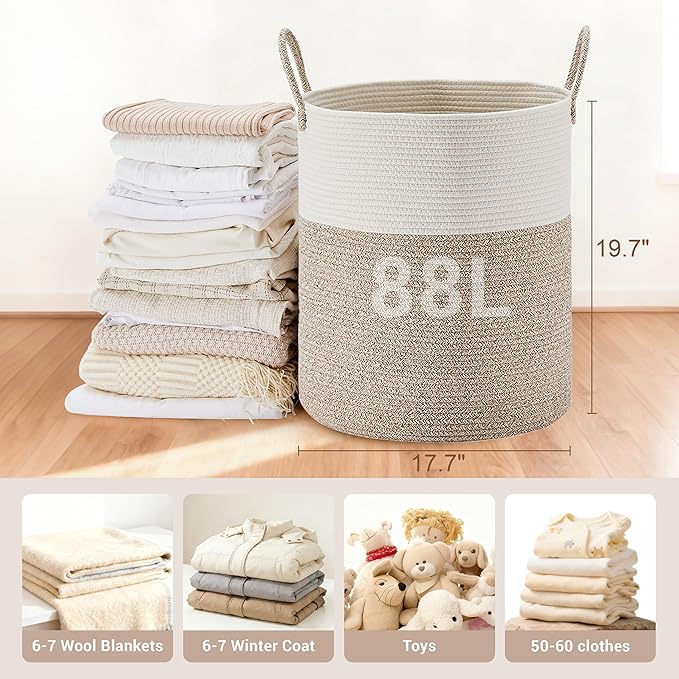Tall Laundry Basket with Handles, 88L Portable Dirty Clothes Hamper, Boho Cotton Rope Storage Bin for Blankets Kids Toys Gifts, Large Organizer for Baby Nursery Bedroom Bathroom, New Brown