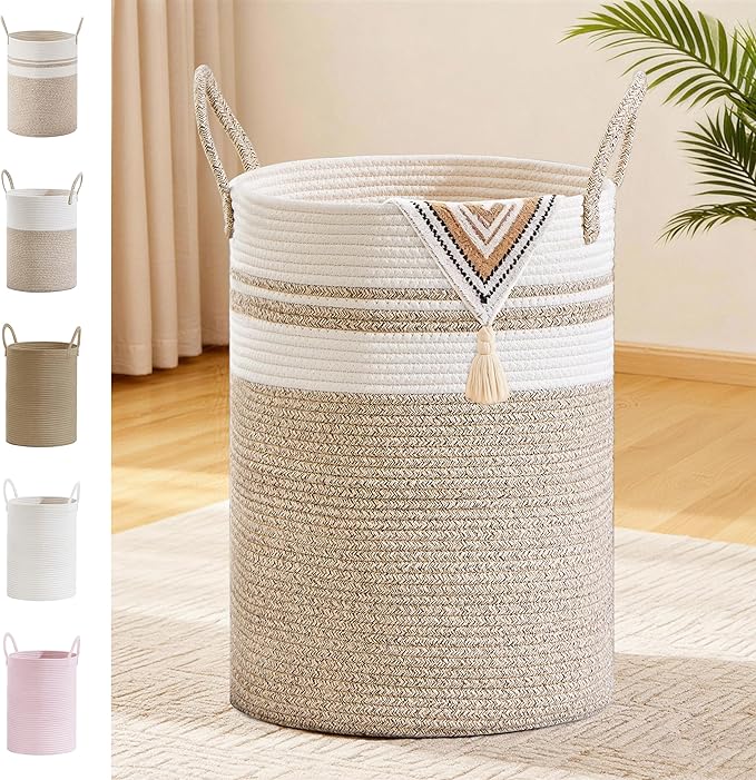 Tall Laundry Basket with Handles, 72L Portable Dirty Clothes Hamper, Boho Cotton Rope Storage Bin for Blankets Kids Toys Gifts, Large Organizer for Baby Nursery Bedroom Bathroom, New Brown