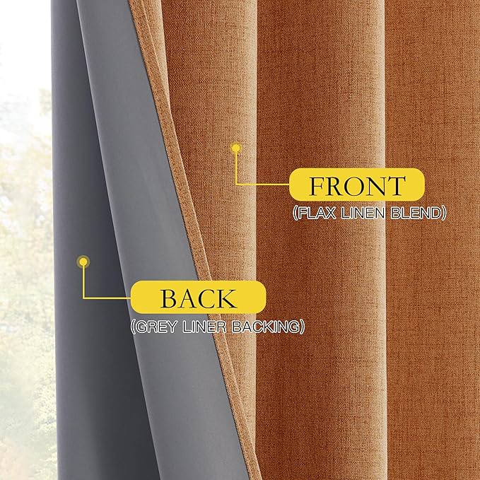 NICETOWN 100% Blackout Curtains for Living Room, W52 x L84 in, Thick Linen Blend Rod Pocket & Back Tab, Thermal Insulated Draperies with Grey Liner for Decoration(Set of 2, Pumpkin)