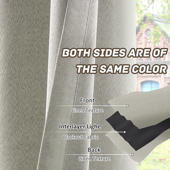 100% Blackout Linen Textured Curtains for Children's Room, Bedroom, Light Weight Curtains with Grommets Top, Full Blackout Curtains Privacy Protection, Natural Linen, 37" W x 72" L, 2 Panels