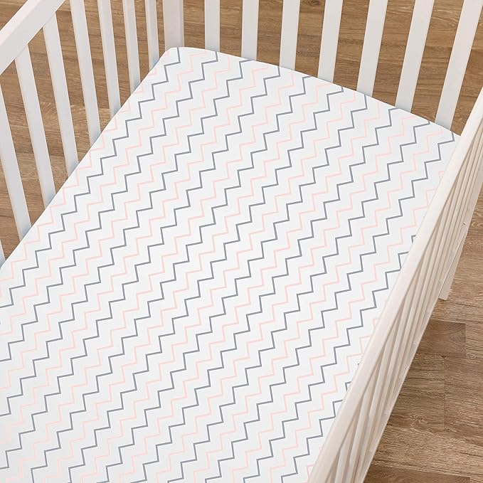 American Baby Company 2 Pack 100% Natural Cotton Fitted Crib Sheets 52" x 28" - Soft, Breathable, Hypoallergenic & Gentle Toddler Bed Sheets, Pink Stars/Zigzag, Neutral for Boys & Girls