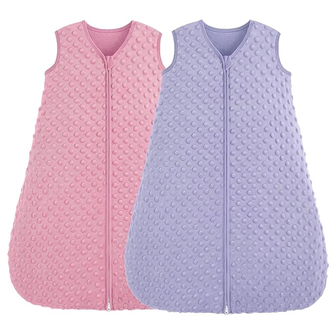 FIEMOL Fleece Baby Sleep Sack 0-6 Months, 1.5 TOG Cotton Baby Wearable Blanket With Soft Plush Dots, 2 Pack Newborn and Infant Warm Sleeping Sack with 2-Way Zipper Pink&Purple