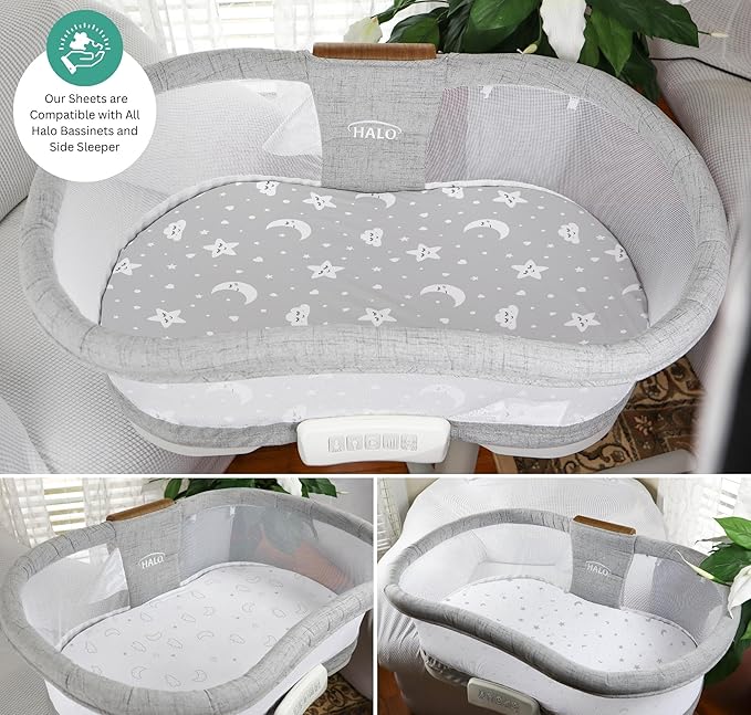 TansyPanda Halo Bassinet Sheets for BassiNest Luxe Swivel, Soothing, Swivel, Lite, Essential Sleeper, 3 Pack, 33 X 17 Inch, Ultra Soft, Snug Fit, Unisex Boys Girls, Gray White (Moon, Stars, Clouds)