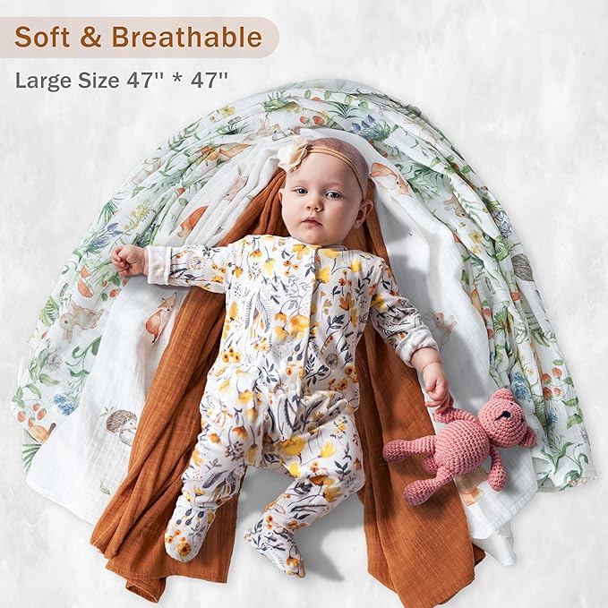 3-Pack 100% Cotton Muslin Swaddle Blankets, Large 47 x 47 Inches — Breathable Soft Receiving Blankets for Newborns, Swaddling Wraps, Registry Gift (Playful Forest Animals)