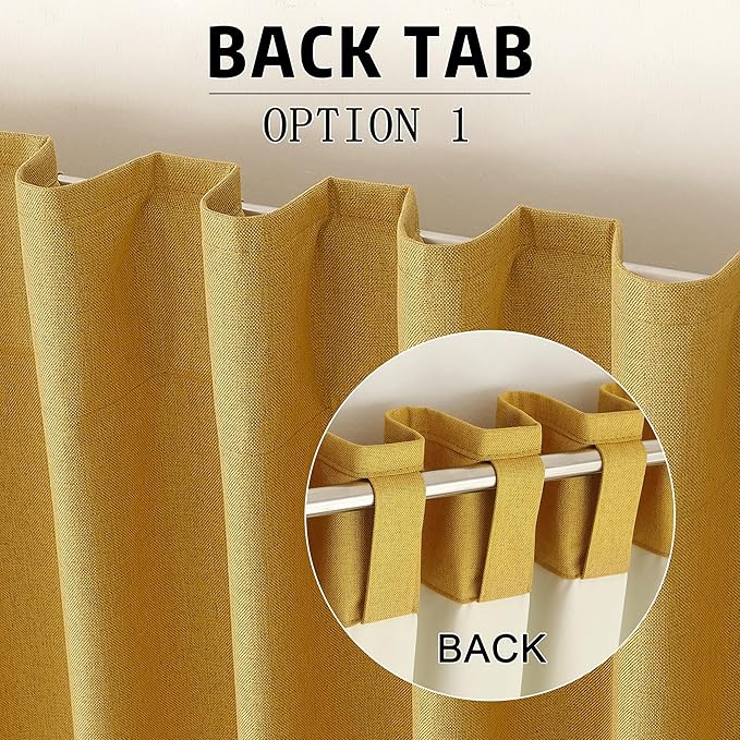 DUALIFE Blackout 96 Inches Long Yellow Curtains 2 Panel Set, Farmhouse Curtains for Living Room Darkening Thermal/Noise Reduction Textured Flax Linen Drape 8ft Rod Pocket&Back Tab 72W x 96L