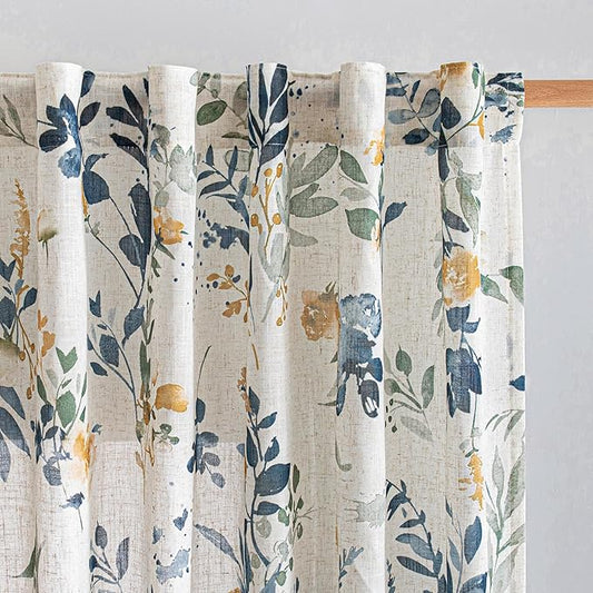 MYSKY HOME Floral Linen Curtains 72 inch Length 2 Panels Set - Light Filtering Semi Sheer Protect Privacy Farmhouse Patterned French Drapes Back Tab Rod Pocket, 50" W Each Panel, Yellow and Blue