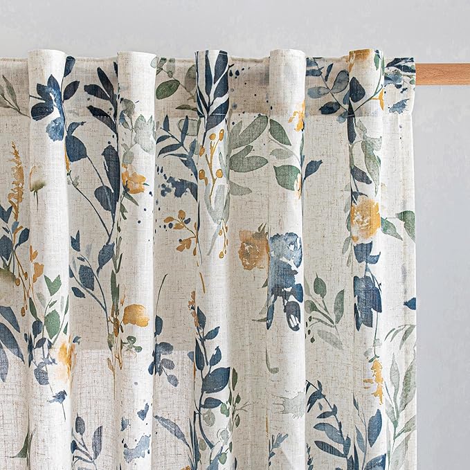 MYSKY HOME Floral Linen Curtains 80 inch Length 2 Panels Set - Light Filtering Semi Sheer Protect Privacy Farmhouse Patterned French Drapes Back Tab for Living Room Bedroom, 50" W, Yellow and Blue