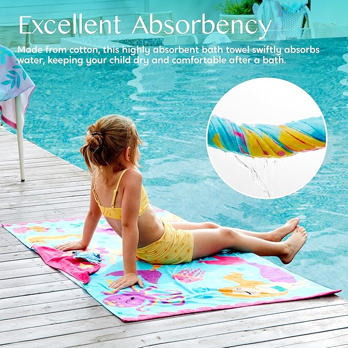 Joiedomi Mermaid Hooded Towels for Kids Soft 100% Cotton Kids Beach Towel 30" x 50" for 3-10 Years Boy Girl Beach Hooded Poncho Absorbent Pool Toddler Swim Bath Wrap