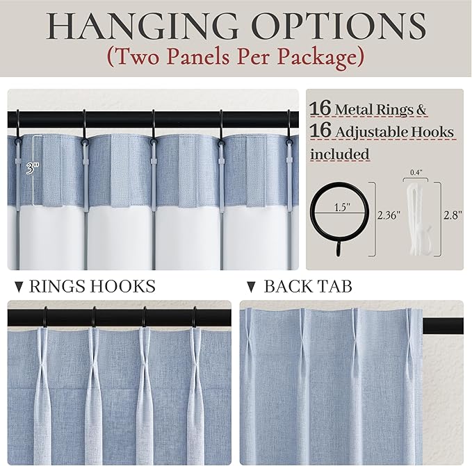 DustyBlue 102 Inches Long Blackout Curtains for Kids Bedroom 2 Panels Set, Pinch Pleated Living Room Curtain Linen Thermal Coastal Drapes Floor to Ceiling Track Light Blue Decor (40"Wx102"L)