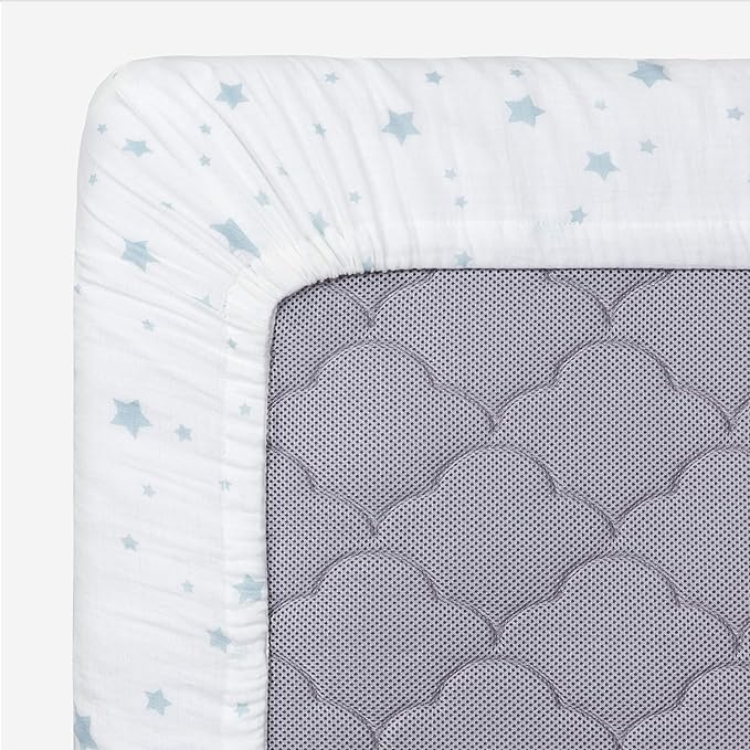 Newton Baby Mini Crib Fitted Sheets (2-Pack) | Organic Muslin Cotton, Breathable & Soft Baby Sheets, Washable Baby Mattress Sheets, Fits Any Mini Sized Crib 24" x 38", Moonstone Mist Stardust + White