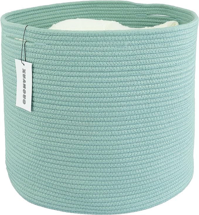 Cotton Rope Basket For Girls Boys Kids 16”X14” Baby Laundry Baskets Nursery Bin Round Woven Basket Organizer For Storage Toys Blankets Shoes Clothes green
