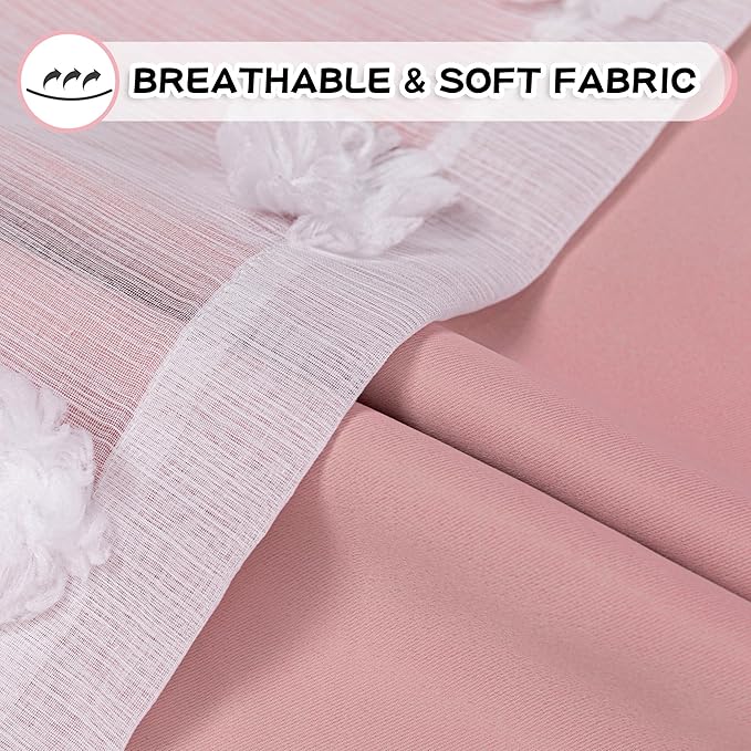 MYSKY HOME Light Blocking Pink Curtains for Living Room White Sheer Pom Pom Kids Room Decor Drapes 108 Inches Long Double Layer Curtain for Sliding Door Grommet Window Panels Set of 2 52" x 108"