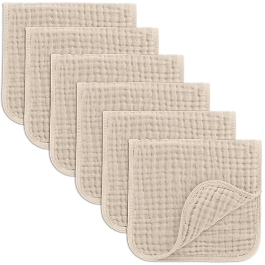 Comfy Cubs Muslin Burp Cloths 20" x 10", Pack of 6 - Large, 6-Layer, Ultra Absorbent 100% Cotton for Baby Drool and Messes - Soft, Safe & Gentle Baby Burp Cloths Set for Boys & Girls - Sand