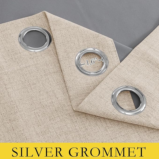 NICETOWN Cream Thick Linen Blend 100% Blackout Curtains with Grey Liners, Rod Pocket Back Tab Thermal Insulated Flax Textured Full Blackout Window Draperies for Kitchen (2 Panels, 42" W by 63" L)