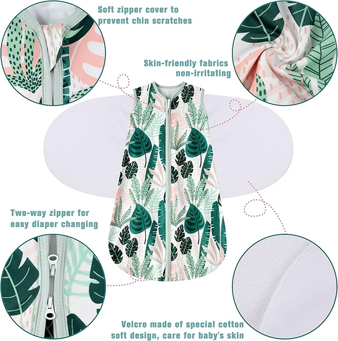 BSTOPPT Newborn Sleep Sack Baby Swaddle,3-6 Months,3-Way Adjustable Wearable Blanket,100% Rayon Cotton Swaddling Sleeping Bag，TOG 0.5（Banana&Leaf）
