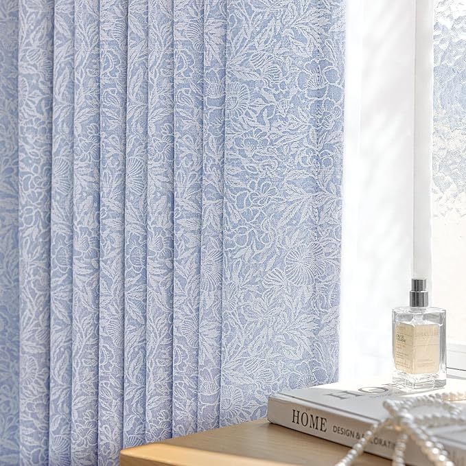 Metro Parlor Light Blue Floral Jacquard Blackout Curtains 84 Inches Long for Bedroom,Chenille Pattern Vintage Flower Curtains for Living Room Darkening Thermal Insulated Grommet Window Drapes,2 Panels