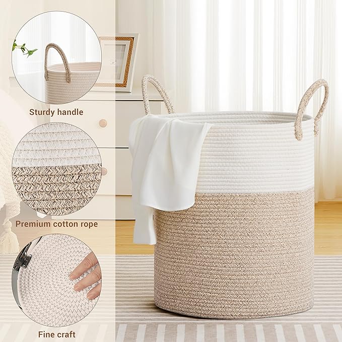 Tall Laundry Basket with Handles, 88L Portable Dirty Clothes Hamper, Boho Cotton Rope Storage Bin for Blankets Kids Toys Gifts, Large Organizer for Baby Nursery Bedroom Bathroom, Brown