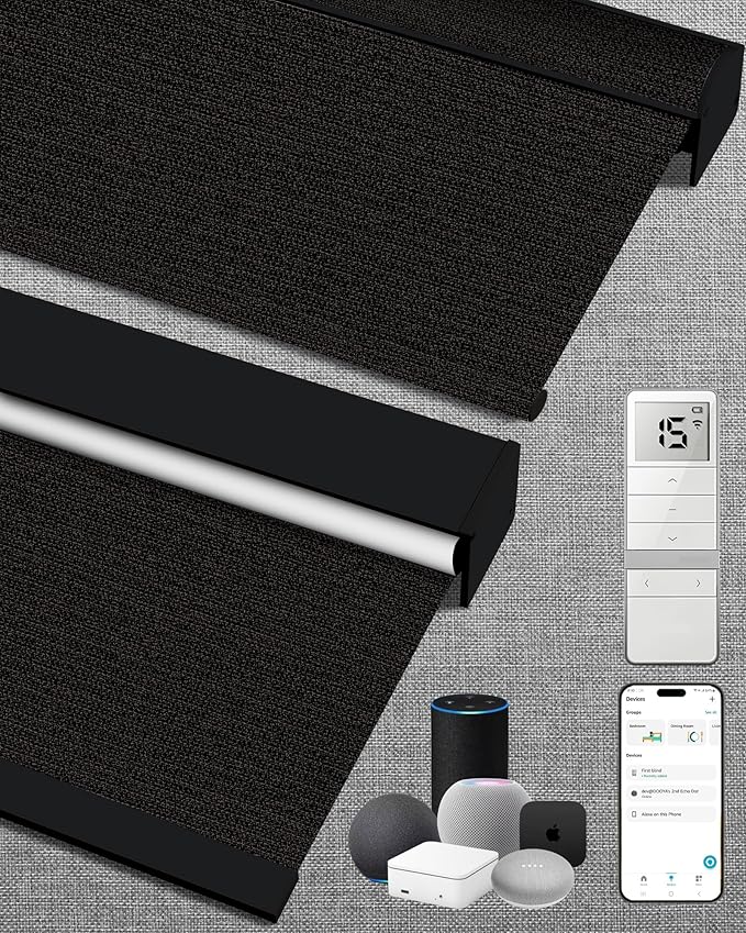 Kincmo Motorized Blinds with Remote,100% Blackout Motorized Roller Shades Work with Apple Homekit,Alexa,Google, Custom Electric Blinds with App,Voice Control (Eclipse Black)