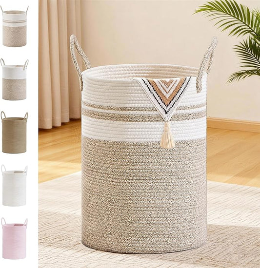 Tall Laundry Basket with Handles, 100L Portable Dirty Clothes Hamper, Boho Cotton Rope Storage Bin for Blankets Kids Toys Gifts, Extra Large Organizer for Nursery Bedroom Bathroom, New Brown