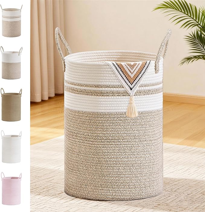 Tall Laundry Basket with Handles, 58L Portable Dirty Clothes Hamper, Boho Cotton Rope Storage Bin for Blankets Kids Toys Gifts, Decorative Organizer for Nursery Bedroom Bathroom, New Brown
