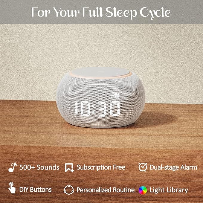 Sound Machine for Adults White Noise Machine for Sleep with Night Light, 507 Non Looping Soothing Sounds, Dual-Stage Alarm&Snooze, Smart App Control Custom Buttons, Dimmable Clock Timer for Baby Kids