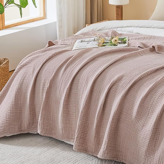 EMME Cotton Muslin Queen Blanket Bed Layering Bedspread Coverlet Breathable Gauze Soft Lightweight Blankets (Heather Dusty Pink, 90"x90")