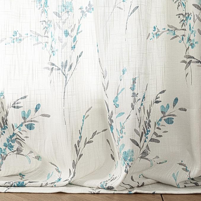 MYSKY HOME Sheer Curtains 95 inches Long for Living Room Linen Textured Soft Touch Window Panels for Bedroom Light Filtering Privacy Protect Flower Print Decorative Drapes, Teal, 50"x95", 2 Pcs