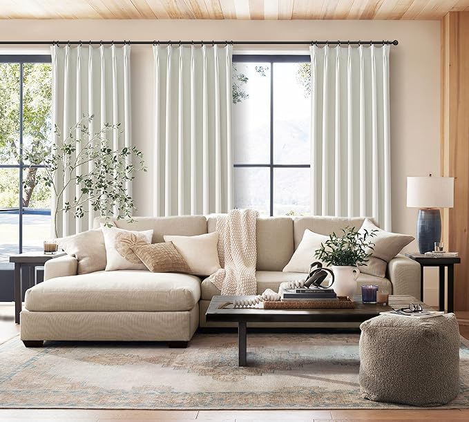 Beige White Linen Full Blackout Curtains 84 Inches Long, Viral Pinch Pleated Curtains with Hooks Thermal Insulated Boho Drapes for Living Room/Bedroom Window Treatment (40" Wx84 Lx2 Panels)