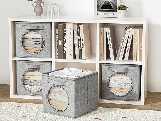Vailando Foldable Fabric Storage Cube with Round Window - 4 Pack 11"x11"x11" Collapsible Closet Organizer Bins for Clothes, Shelves, Offices, Laundry & Misc, Light Gray