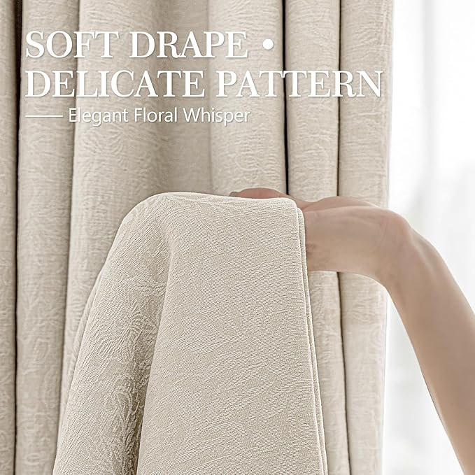 Metro Parlor Beige Floral Blackout Curtains 84 Inches Long for Bedroom, Jacquard Chenille Patterned Vintage Flower Curtains for Living Room Darkening Thermal Insulated Grommet Window Drapes, 2 Panels