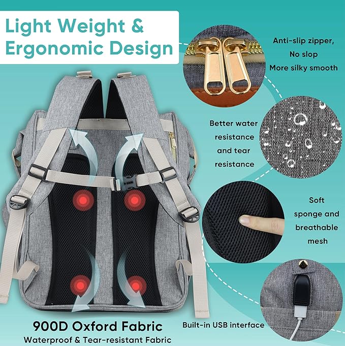 Diaper Bag Backpack for Mom and Dad, Large Capacity Baby Travel Bag with USB Charging Port, Waterproof Foldable Baby Bag for Boys and Girls, Stylish Maternity Backpack for Travel & Hospital，Grey