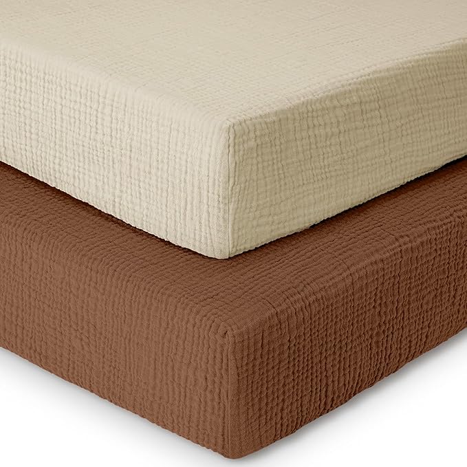 Dreamology Pack n Play Sheets,Mini Muslin Crib Sheet,2 Pack,100% Cotton Crib Sheets,Soft,Breathable,Baby Crib Sheets,Girls,Boys,Pack and Play Sheets Fitted,24x38 Mini Crib Sheet | Caramel,Ecru