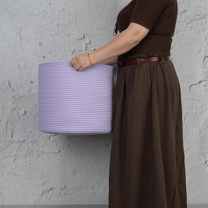 Cotton Rope Basket For Girls Boys Kids 16”X14” Baby Laundry Basket Nursery Bin Round Woven Baskets Organizer For Storage Toys Blankets Shoes Clothes purple