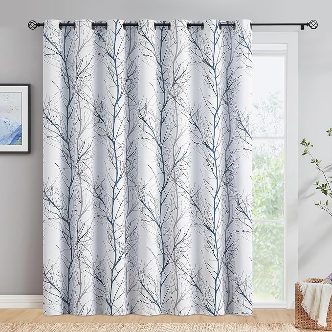 FMFUNCTEX 100% Blackout Patio Sliding Glass Door Curtains 84 Inch Long for Bedroom, Blue Grey on White Tree Branch Patterned Drapes for Living Room Divider, Extra Wide Thermal Insulated Panels